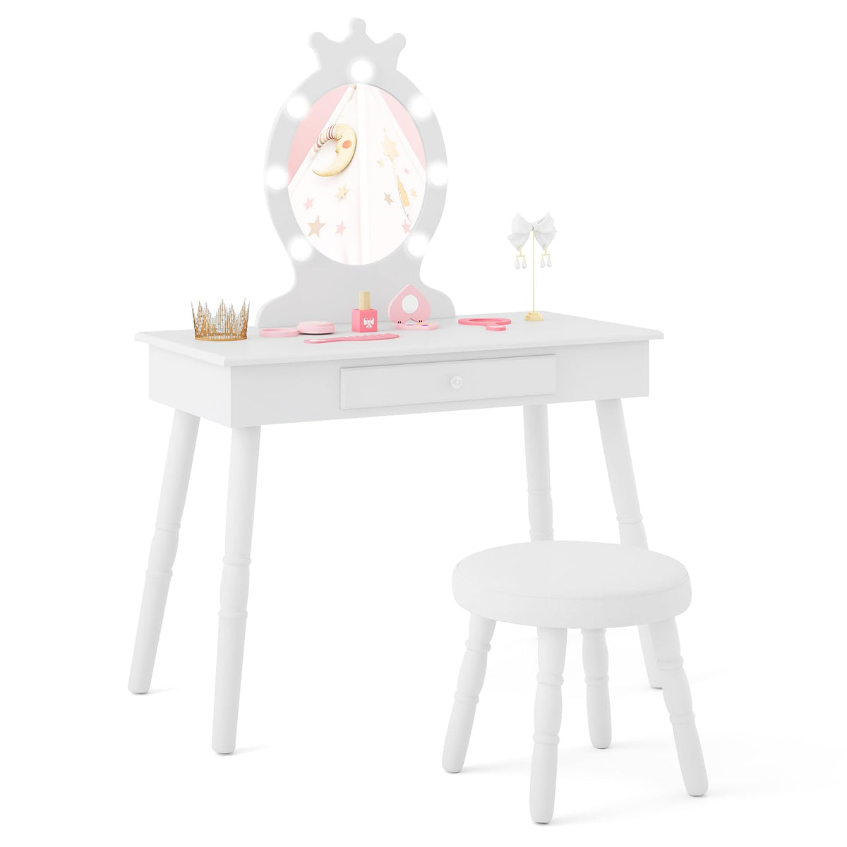 Costzon Kids Vanity Girls Vanity Set with Mirror and Stool and Lights Drawer Pretend Play Kids Vanity Table and Chair Set Pink