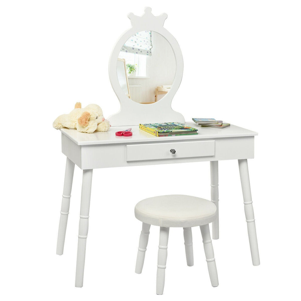 Costzon Kids Vanity Set, Wooden Princess Makeup Table with Cushioned Stool, Large Drawer (White) - costzon