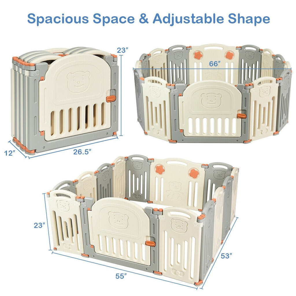 Costzon Baby Playpen, 14-Panel Foldable Kids Safety Activity Center Playard w/Locking Gate (Beige + Gray) - costzon