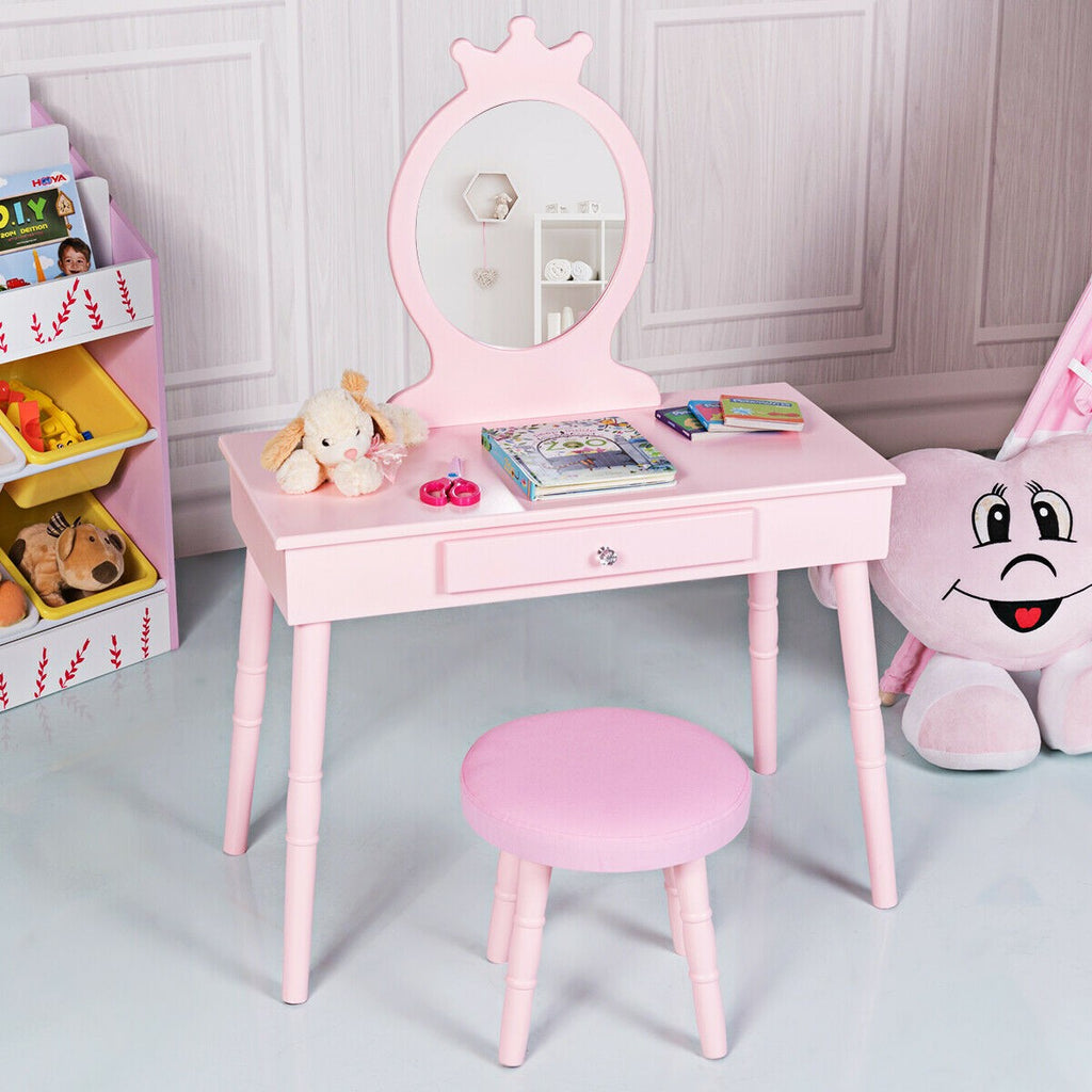 Costzon Kids Vanity Set, Wooden Princess Makeup Table with Cushioned Stool (Pink) - costzon