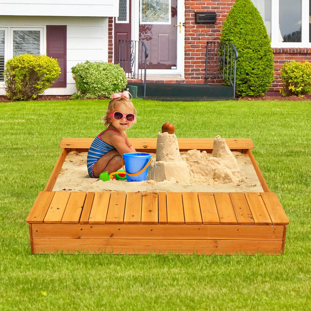 Kids Wooden Sandbox with Bench Seats & Storage Boxes - costzon