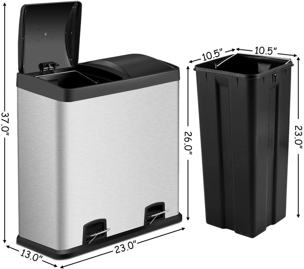 Costzon Double Compartment Classified Step Trash Can, 16 Gallon Stainless Steel Pedal Bin - costzon