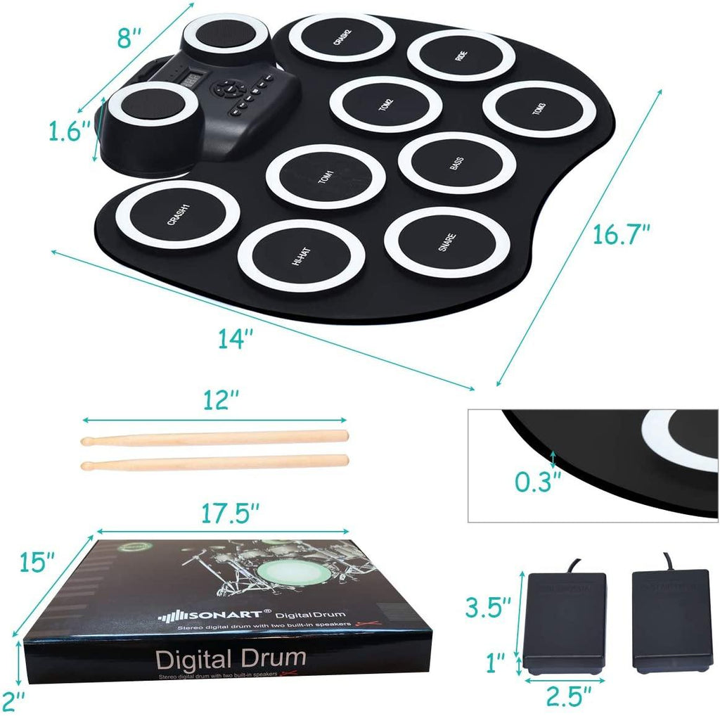 Costzon 9 Pads Electronic Drum Set with LED Light, Portable Roll up MIDI Drum Practice Pad w/Bluetooth (Black) - costzon