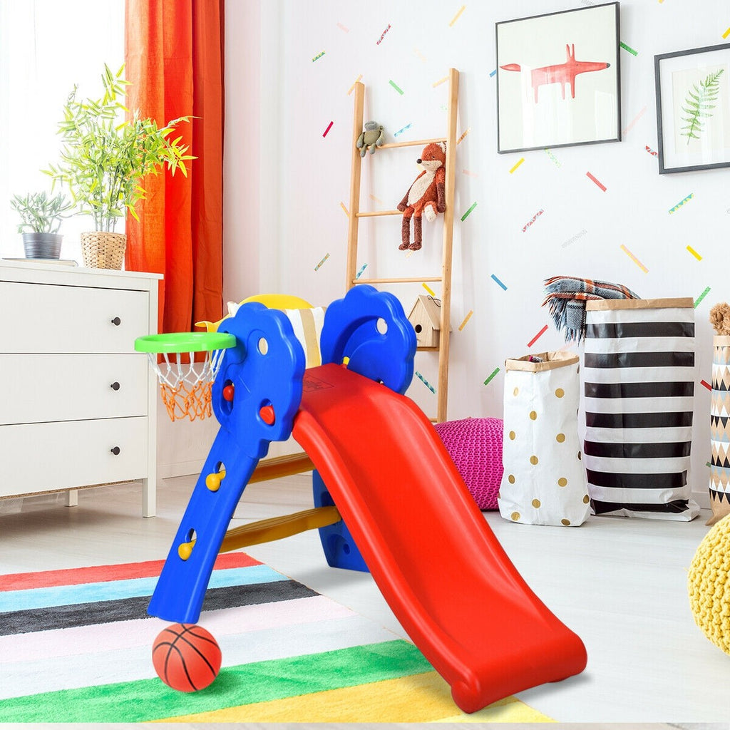 Baby Joy Folding Slide, Plastic Play Slide Climber Kids (Floral Rail +Basketball Hoop) - costzon