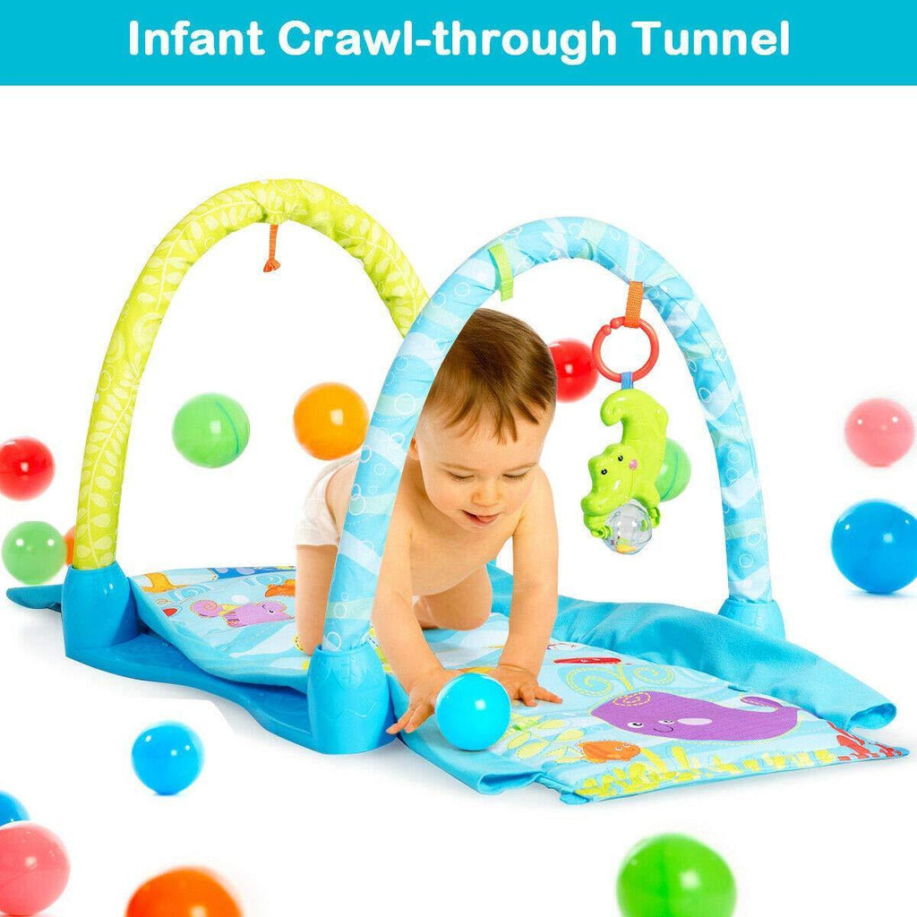 BABY JOY 4-in-1 Baby Play Gym Mat, Underwater World Baby Explore Crawling Tunnel with Steady Frame and 3 Hanging Toys - costzon
