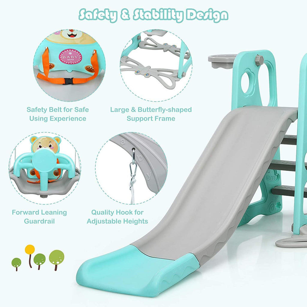 4 in 1 Toddler Climber and Swing Set, Kids Play Climber Slide Playset with Basketball Hoop - costzon