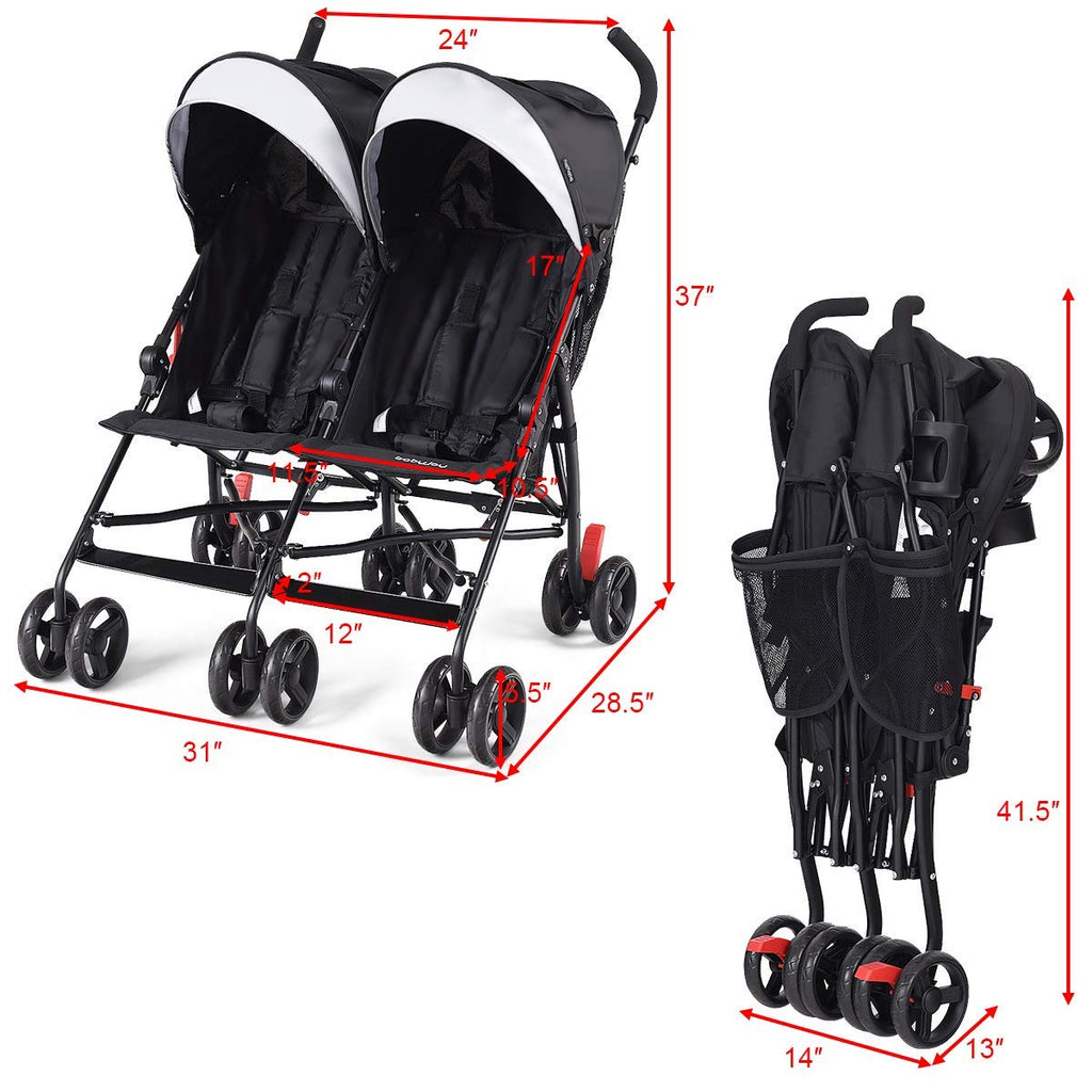 BABY JOY Double Light-Weight Stroller, Travel Foldable Design, Twin Umbrella Stroller with 5-Point Harness - costzon