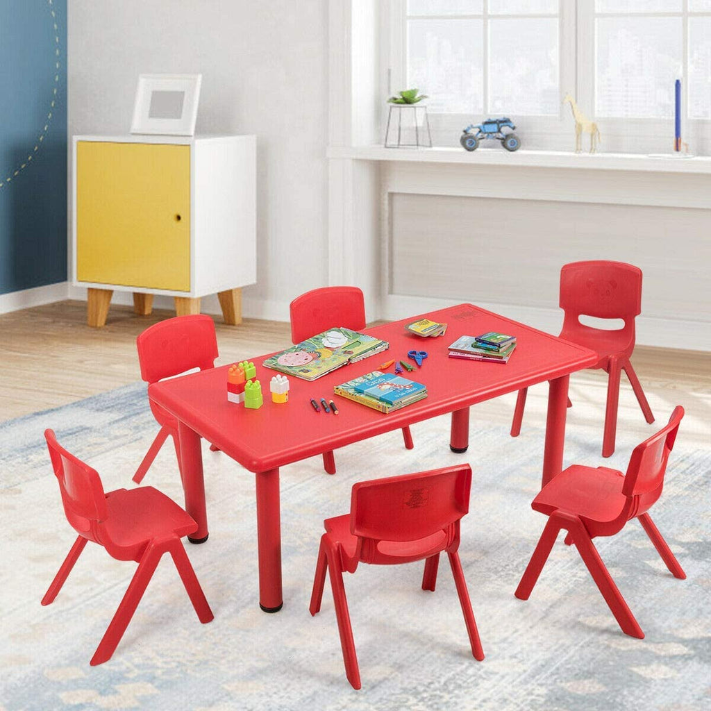 Costzon Kids Table and Chair Set, 6 Pcs Stackable Chairs, 47 x 23.5 Inch Rectangular Plastic Activity Table (Red) - costzon
