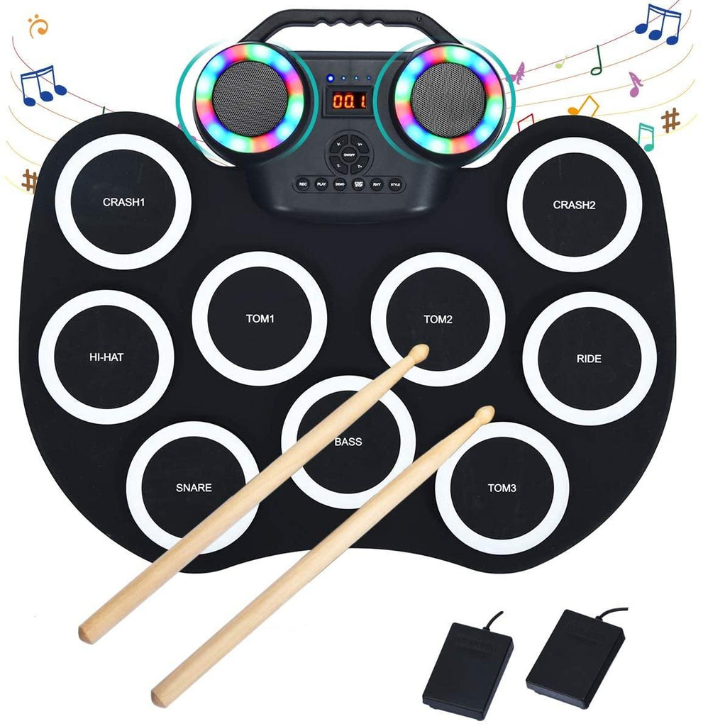 Costzon 9 Pads Electronic Drum Set with LED Light, Portable Roll up MIDI Drum Practice Pad w/Bluetooth (Black) - costzon