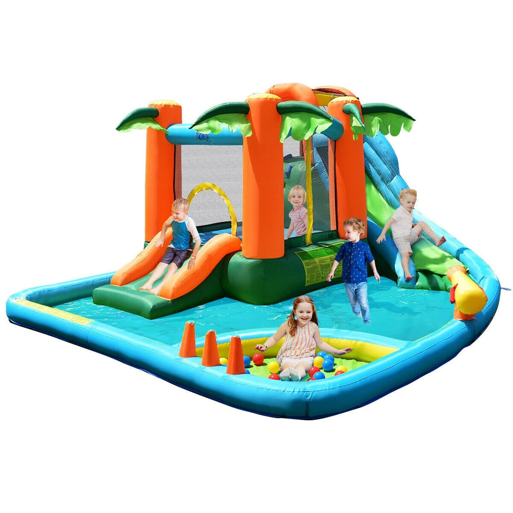 Costzon Inflatable Water Slide, 7 in 1 Jungle Water Park w/ Two Slides, Jumping Area (with 780W Air Blower) - costzon