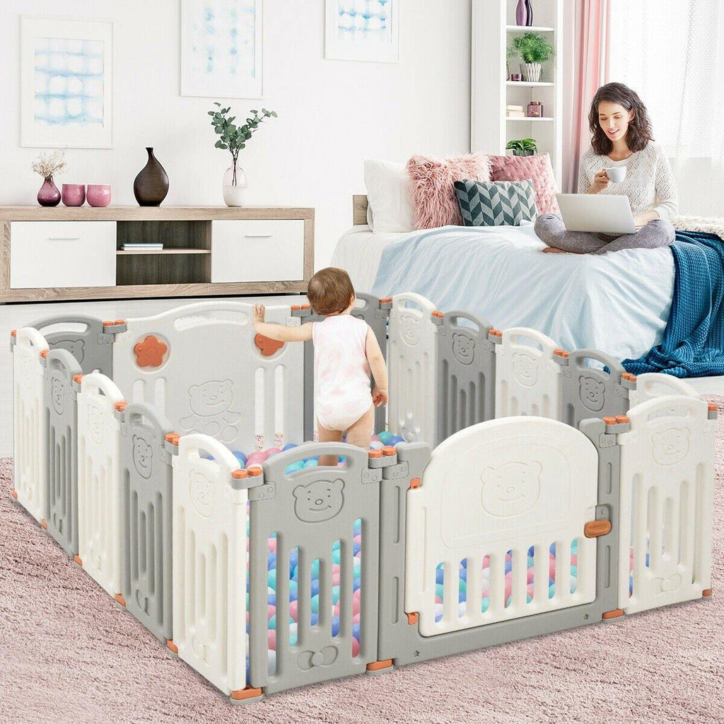 Costzon Baby Playpen, 16-Panel Foldable Baby Fence w/Locking Gate (Beige + Gray, 16-Panel) - costzon