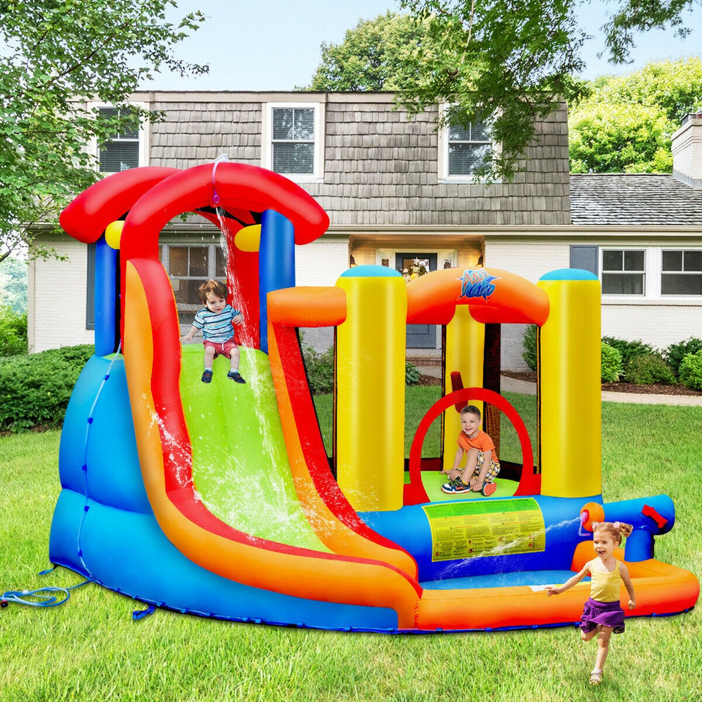 BOUNTECH Inflatable Bounce House, 6 in 1 Water Slide Jumping Park w/Splashing Pool (Without Blower) - costzon