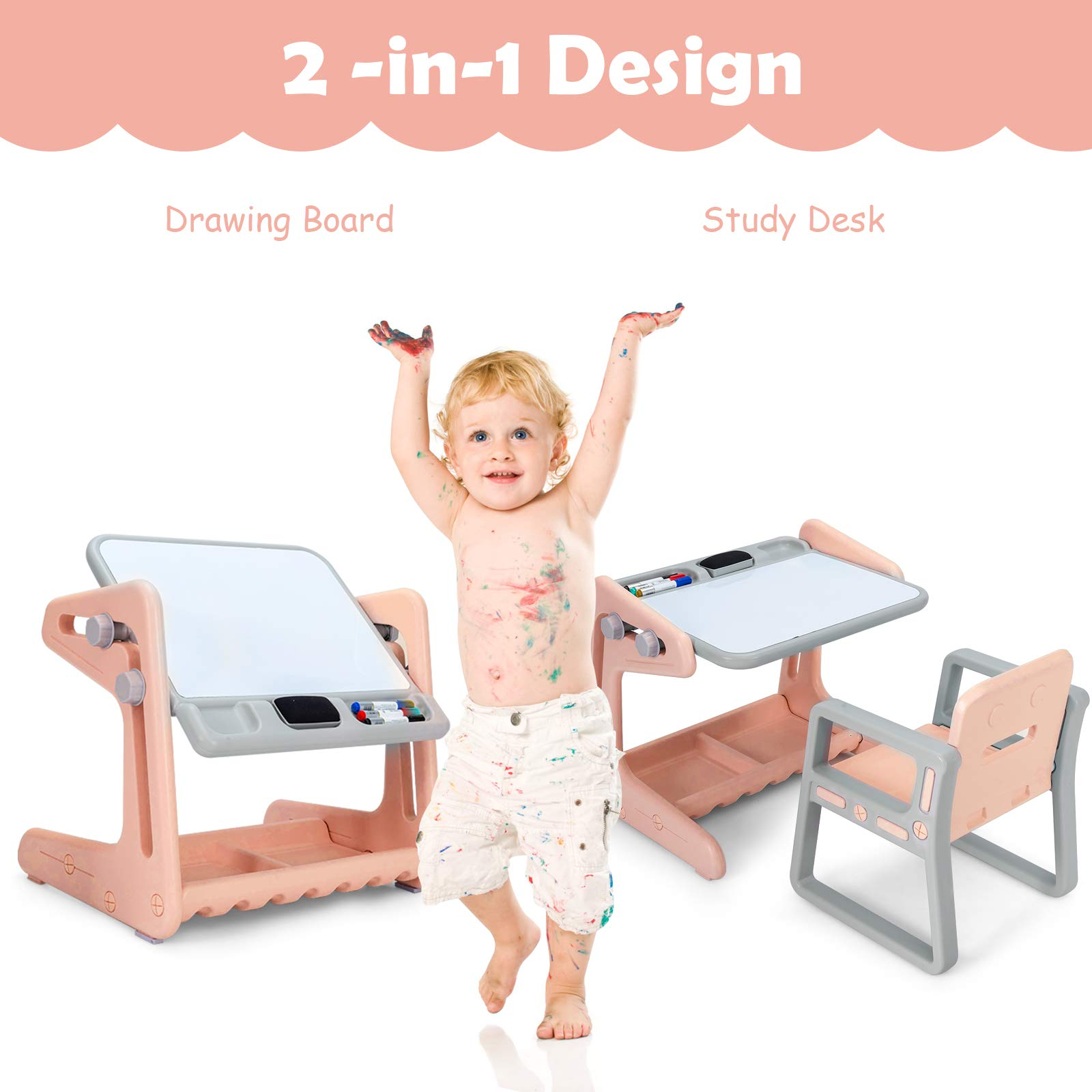 2 in 1 Kids Easel Table & Chair Set Adjustable Art Painting Board Gray