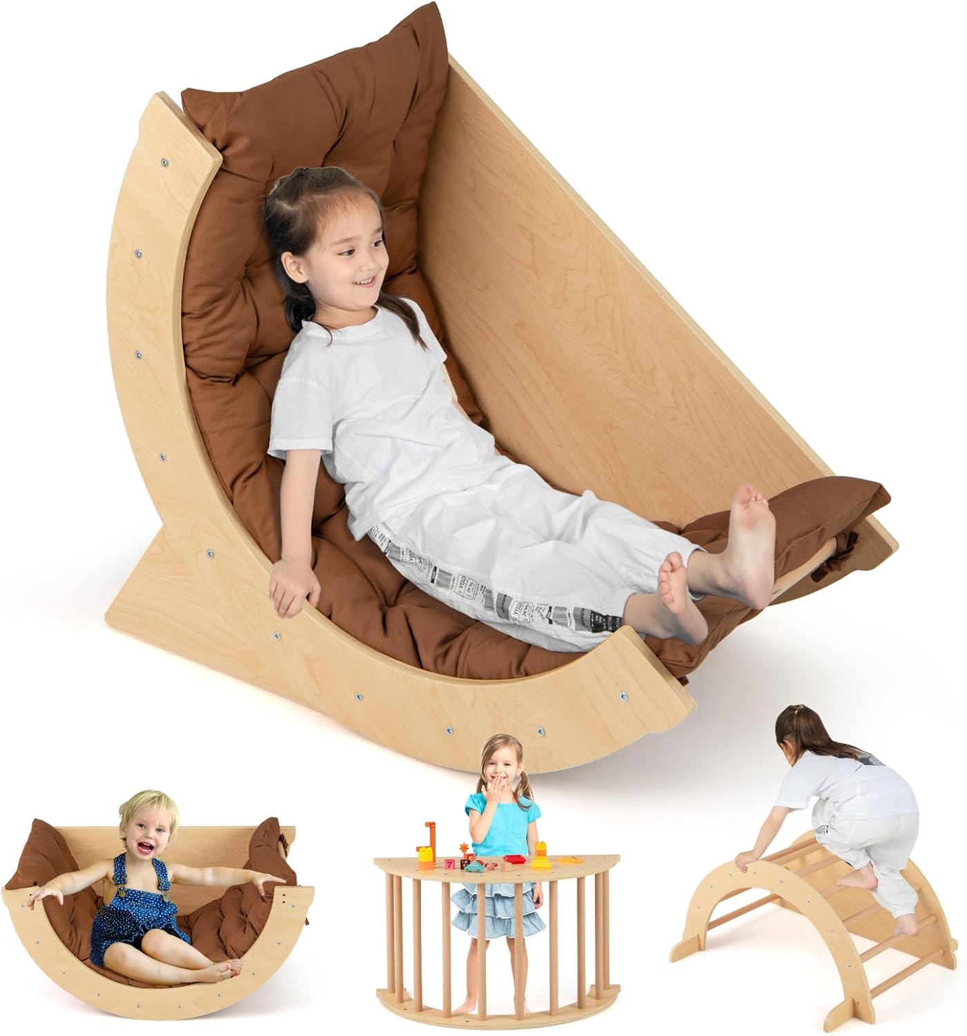 Kids Timber Rocker Costzon Kids Wooden Arch Rocker with Cushion, 6-in-1 Montessori Climbi ...