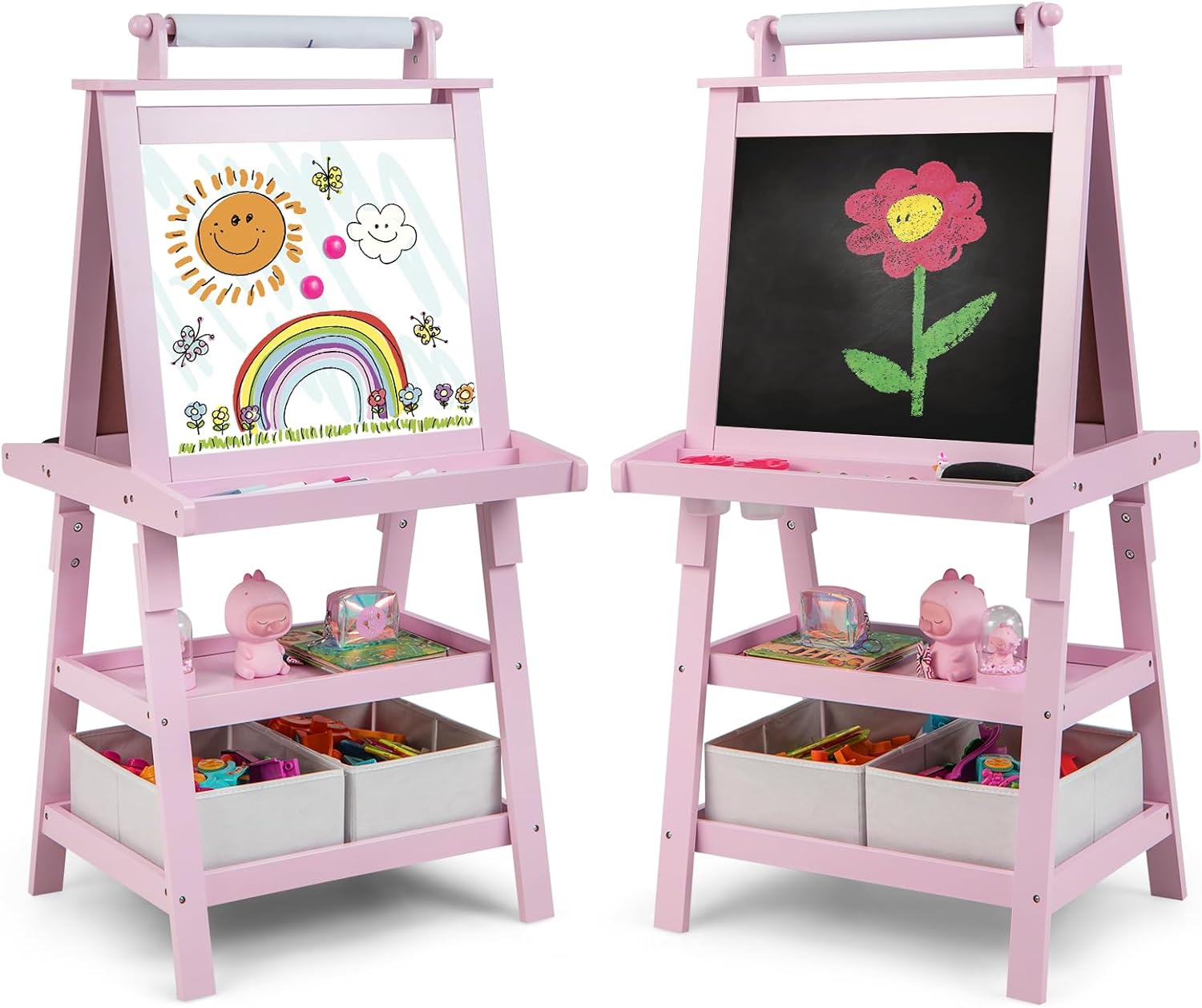 Costzon Kids Art Easel, 3 in 1 Double-Sided Storage Easel, Pink