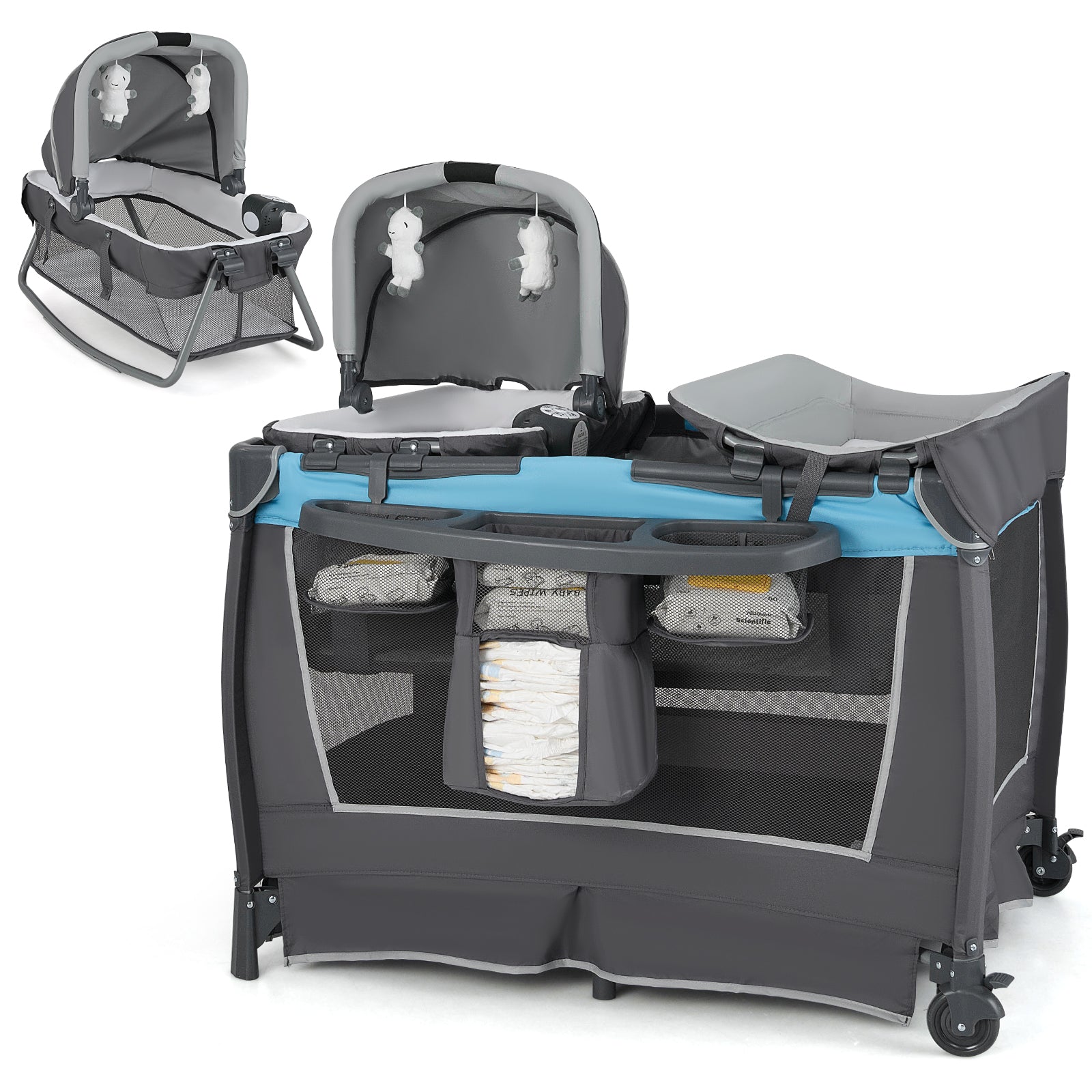 BABY JOY 4 in 1 Nursery Center, Foldable Pack and Play w/Bassinet, Changing Table, Blue