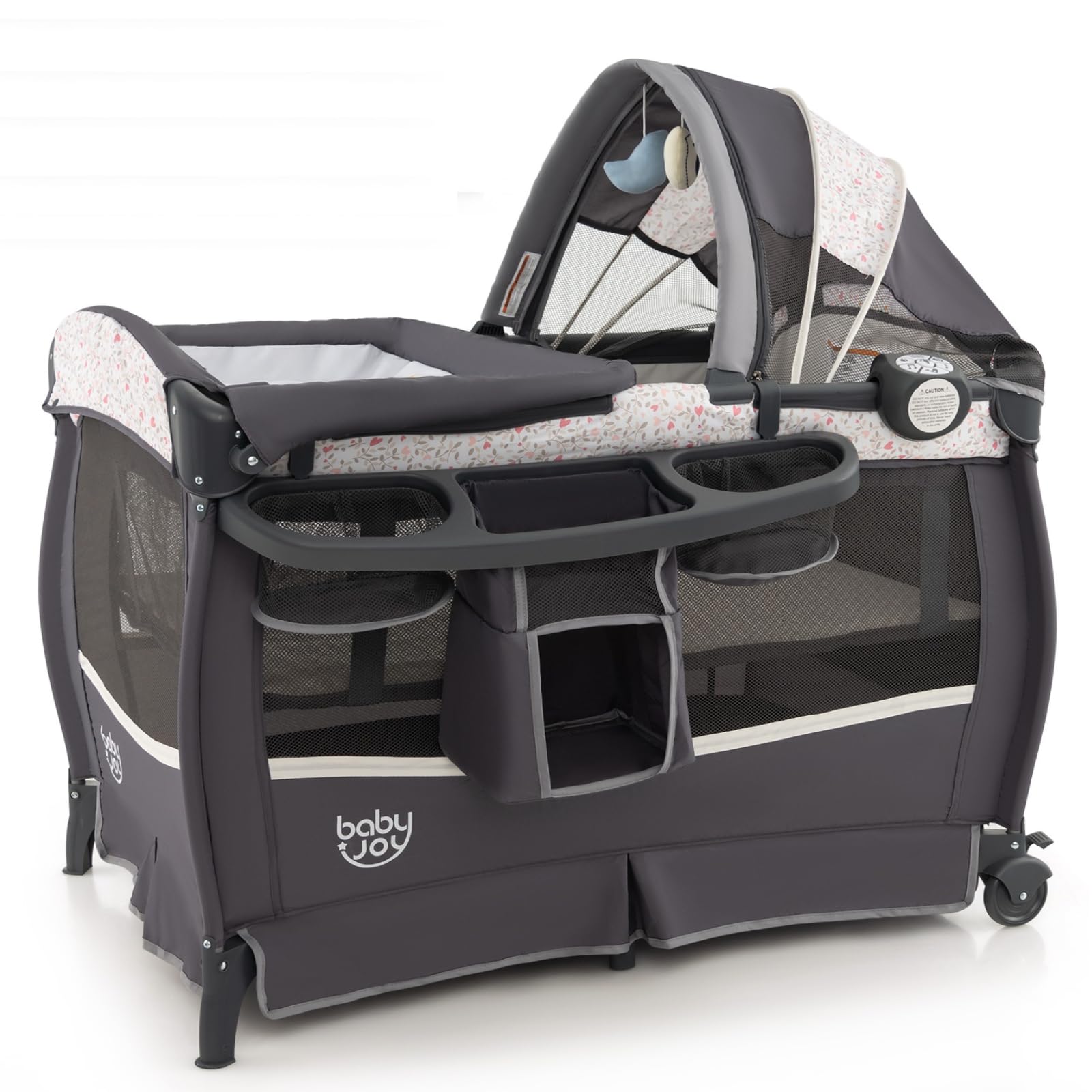 nursery center baby trend pack and play BABY JOY 4 in 1 Pack and Play, Portable BABY Playard with Bassinet & Flip-Away Changing Table, Light Black + Leafage