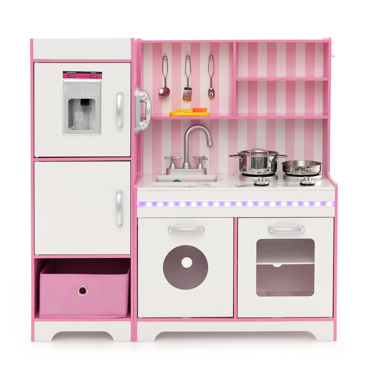 Costzon Wooden Kids Kitchen Playset - Pink Pretend Play With LED Lights, Ice Maker & Washing Machine