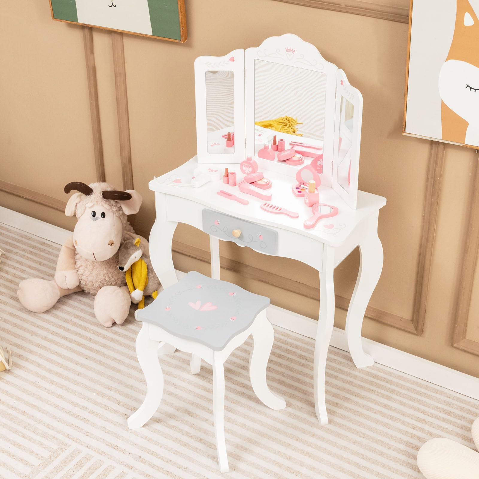 Vanity Set Little Girls Wooden Dressing Table Costzon Kids Vanity