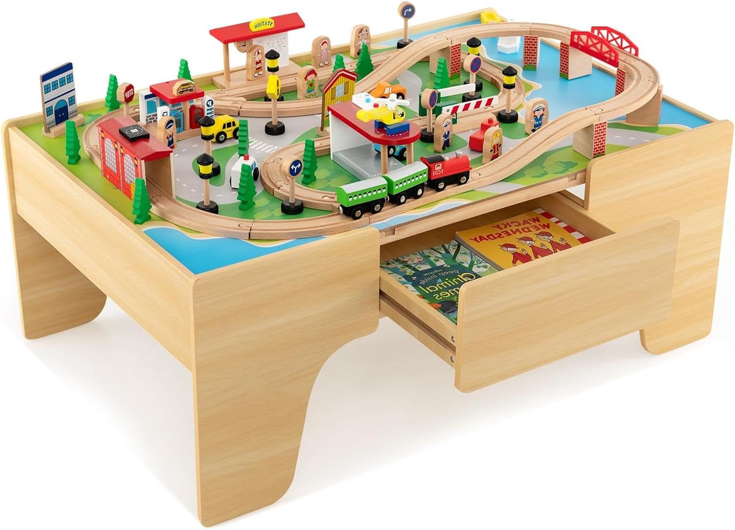 Costzon Train Table, 3-in-1 Wooden Train Set Table with Reversible 84 ...