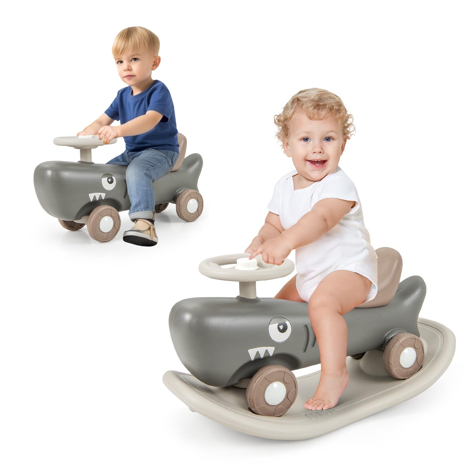 BABY JOY 3 in 1 Rocking Horse, Ride On Push Car for Toddlers, Shark Ro ...