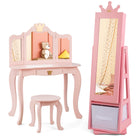 Costzon Kids Vanity & Jewelry Armoire Cabinet, Kids Makeup Vanity Table and Chair Set