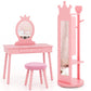 Costzon Kids Vanity & Jewelry Armoire Cabinet, Wooden Kids Vanity Table and Chair Set