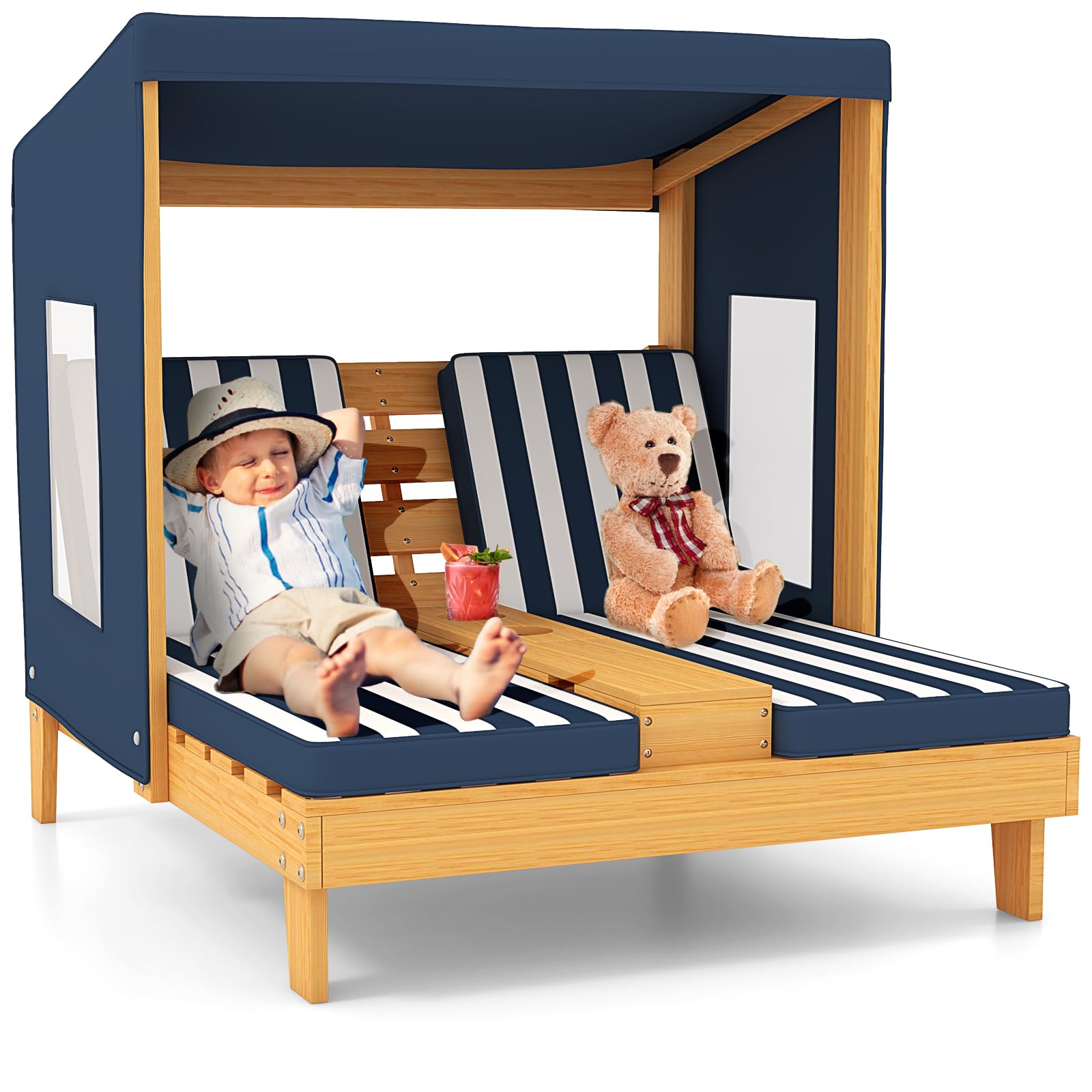 Costzon Kids Lounge Chair Outdoor, Wood Double Seat Chaise Lounge