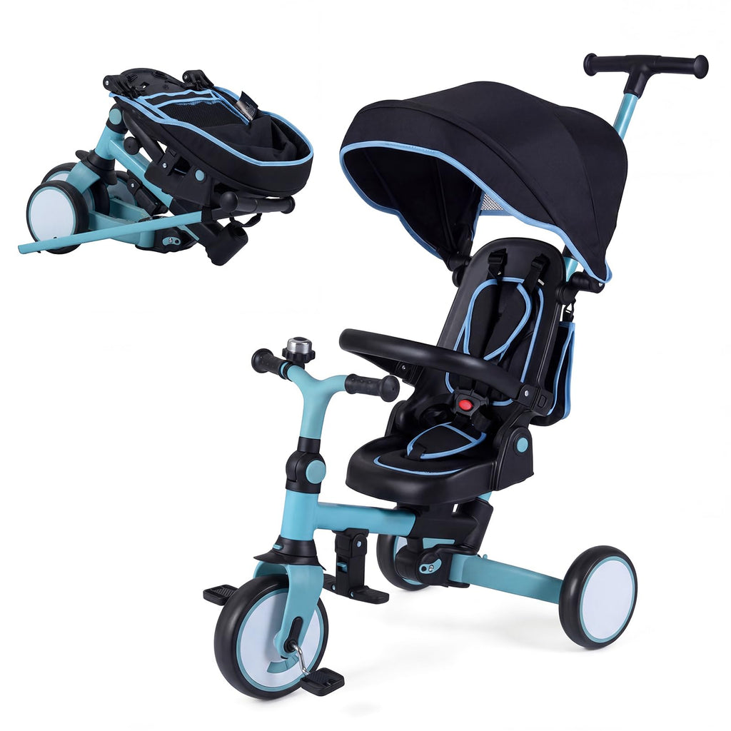 toddler stroller bike 8-in-1 Folding Toddler Trike w/Push Handle, Light Blue