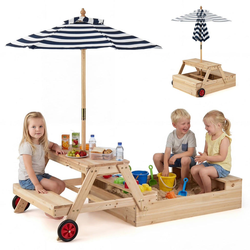 Costzon 3-in-1 Wooden Sandbox with Lid & Foldable Picnic Sensory Table ...