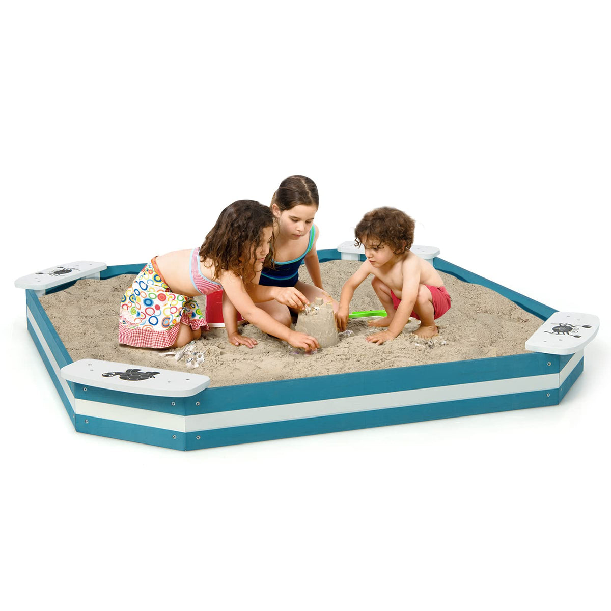 Costzon Kids Sandbox, 49.5 x 49.5in Large Cedar Wood Sand Box with 4 B ...