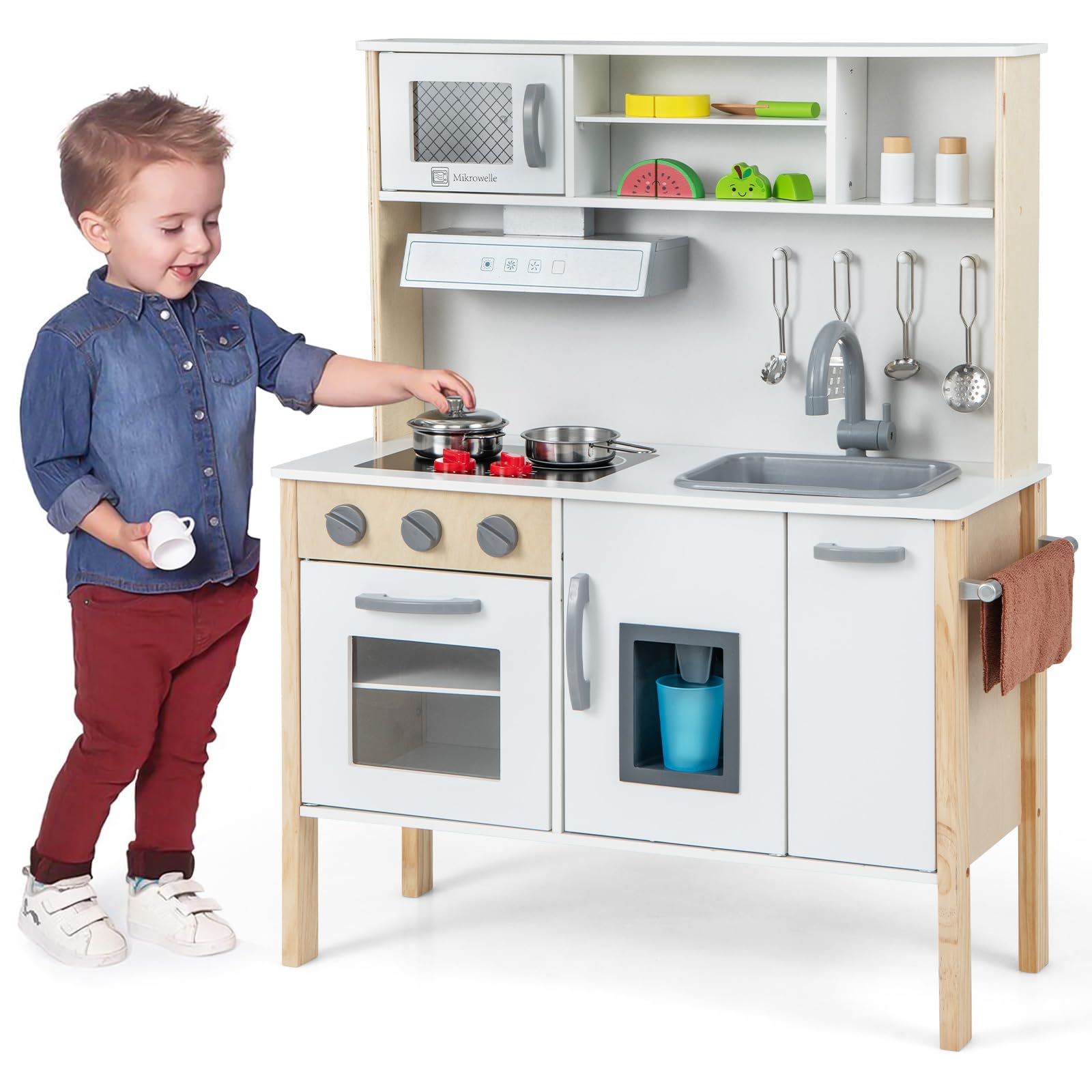 Cook Setup Toy Costzon Kids Kitchen Playset, Wooden Pretend Cooking Toy Set w/Sound ...