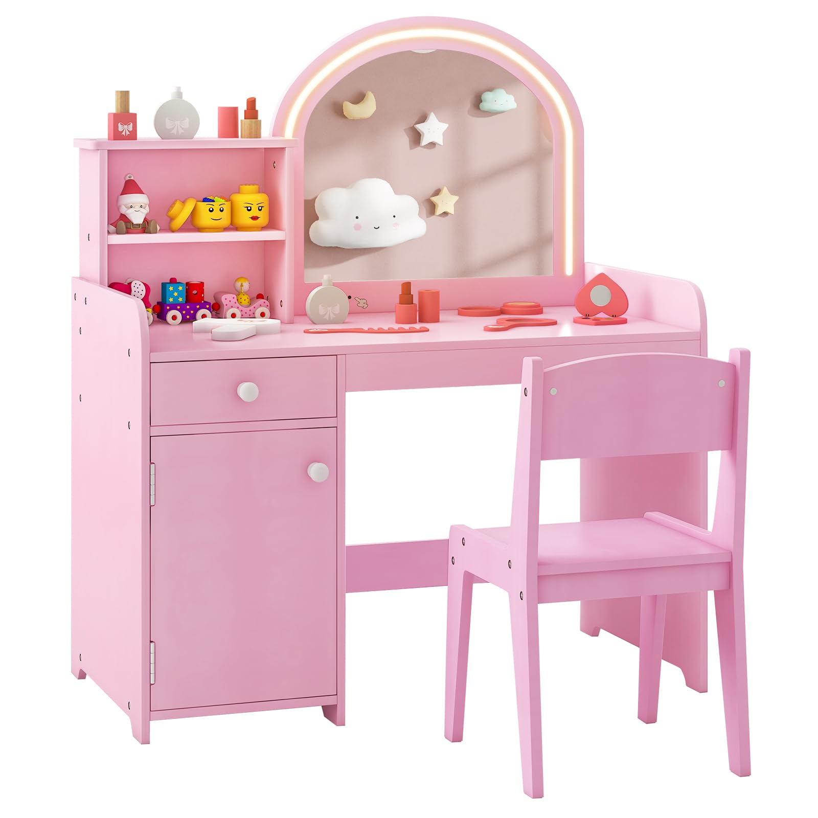 Costzon Kids Vanity, Girls Vanity Set with Mirror and Stool and