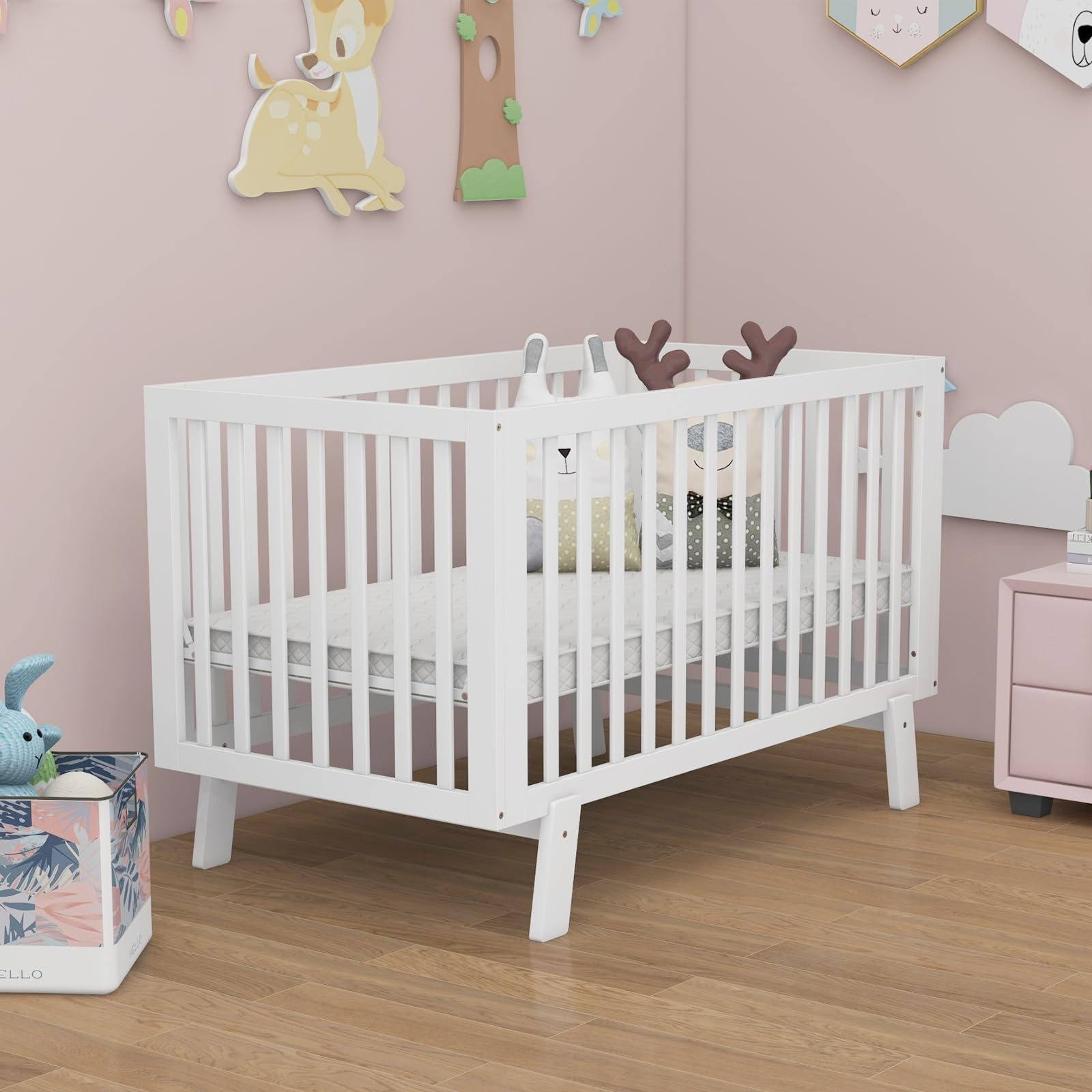 BABY JOY Wooden Baby Crib, Rubber Wood Mini Crib w/ 3-Height