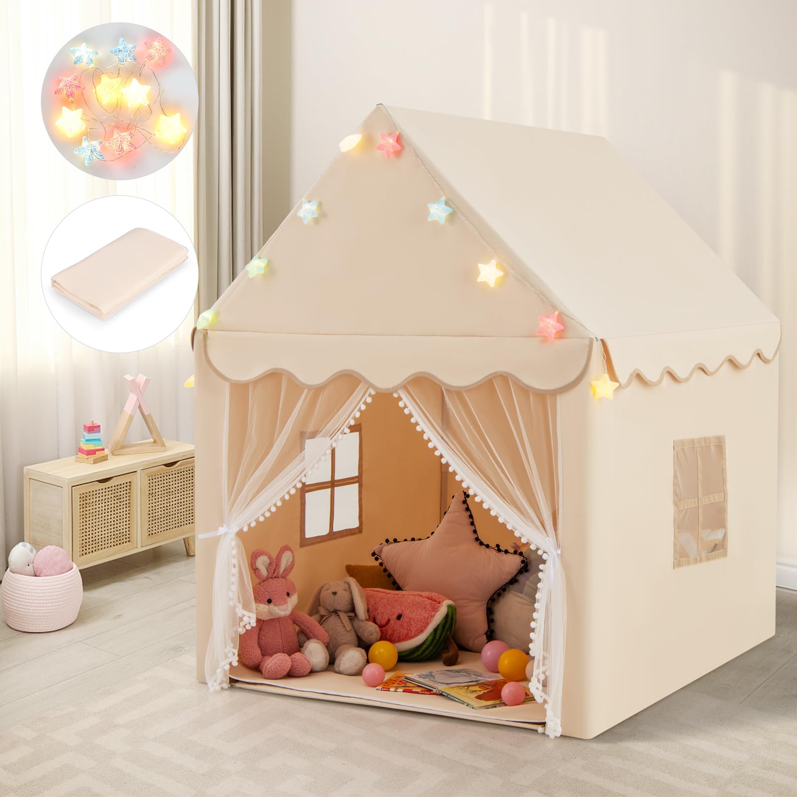 play tent house Costzon Kids Play Tent, Playhouse Tent w/ Washable Cotton Mat, Star String Lights, Beige