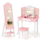 Costzon Kids Vanity & Jewelry Armoire Cabinet, Kids Makeup Vanity Table and Chair Set