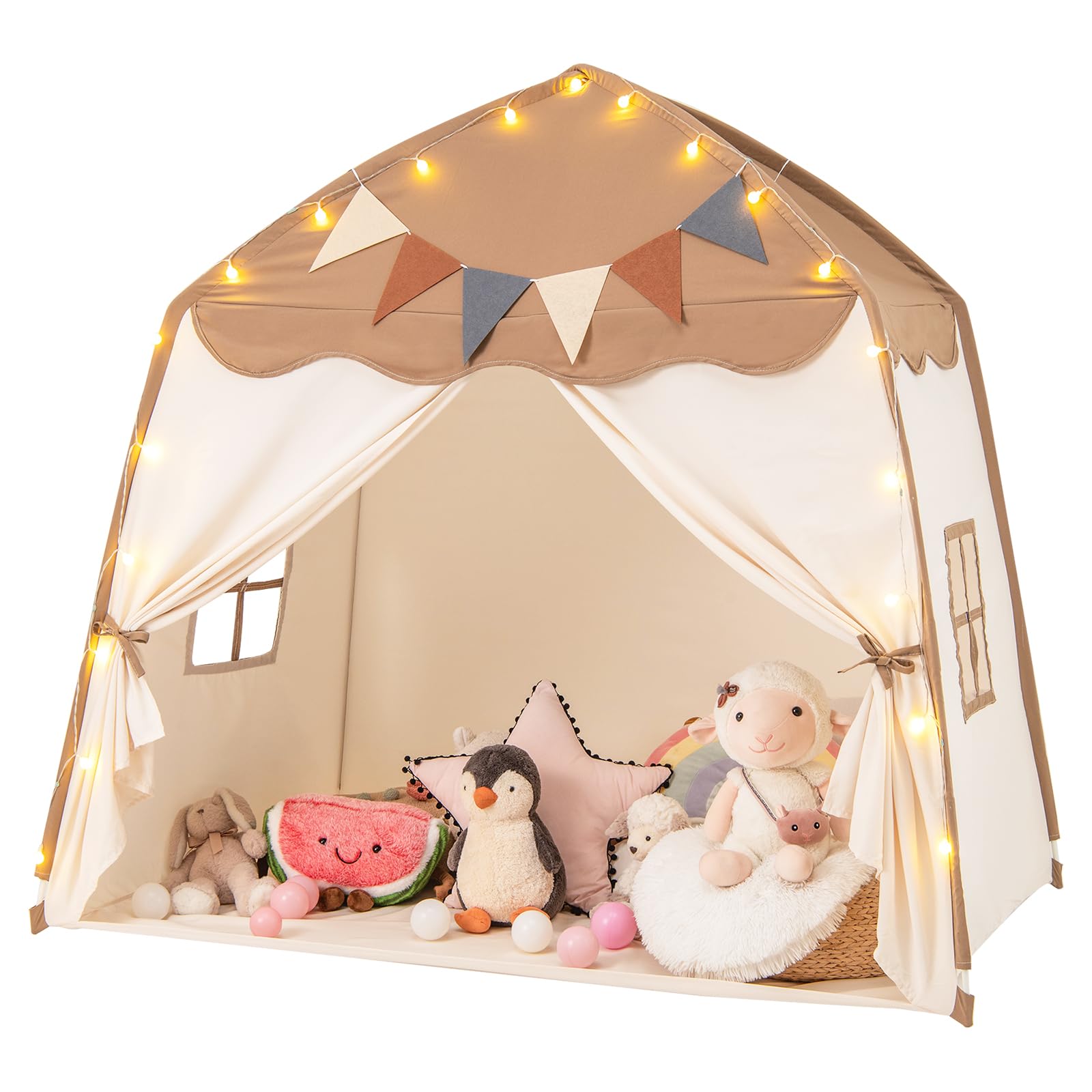 Costzon Kids Tent, Large Indoor Outdoor Dome Tent Playhouse w/Bright Lights, Beige / 62