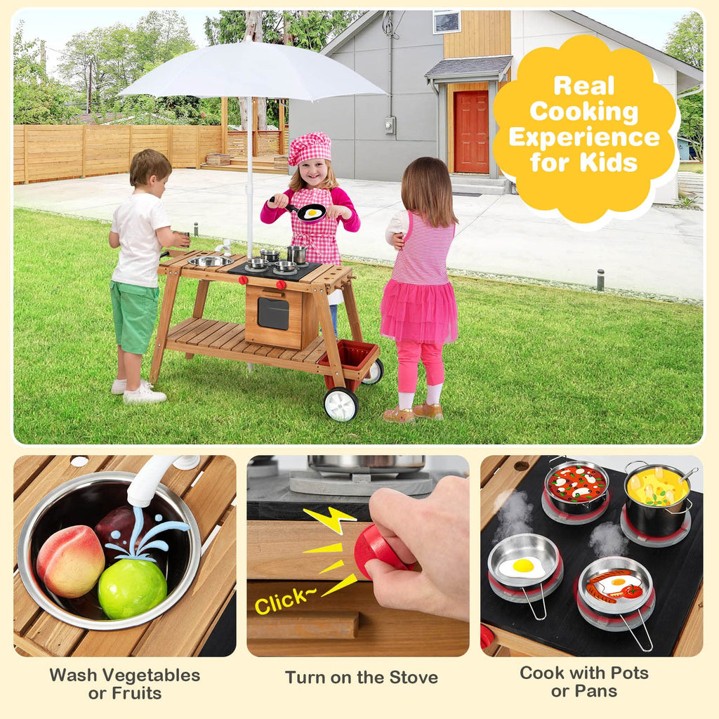 Indoor & Outdoor Wooden Pretend Cooking Cart  - Costzon