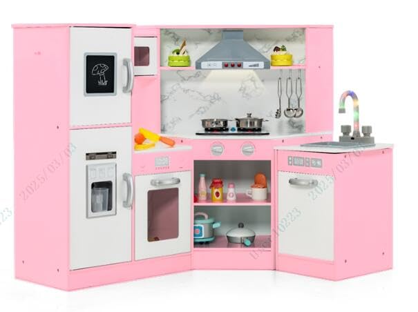 COSTWAY Kids Play Kitchen, Wooden Pretend Cooking Playset With Light