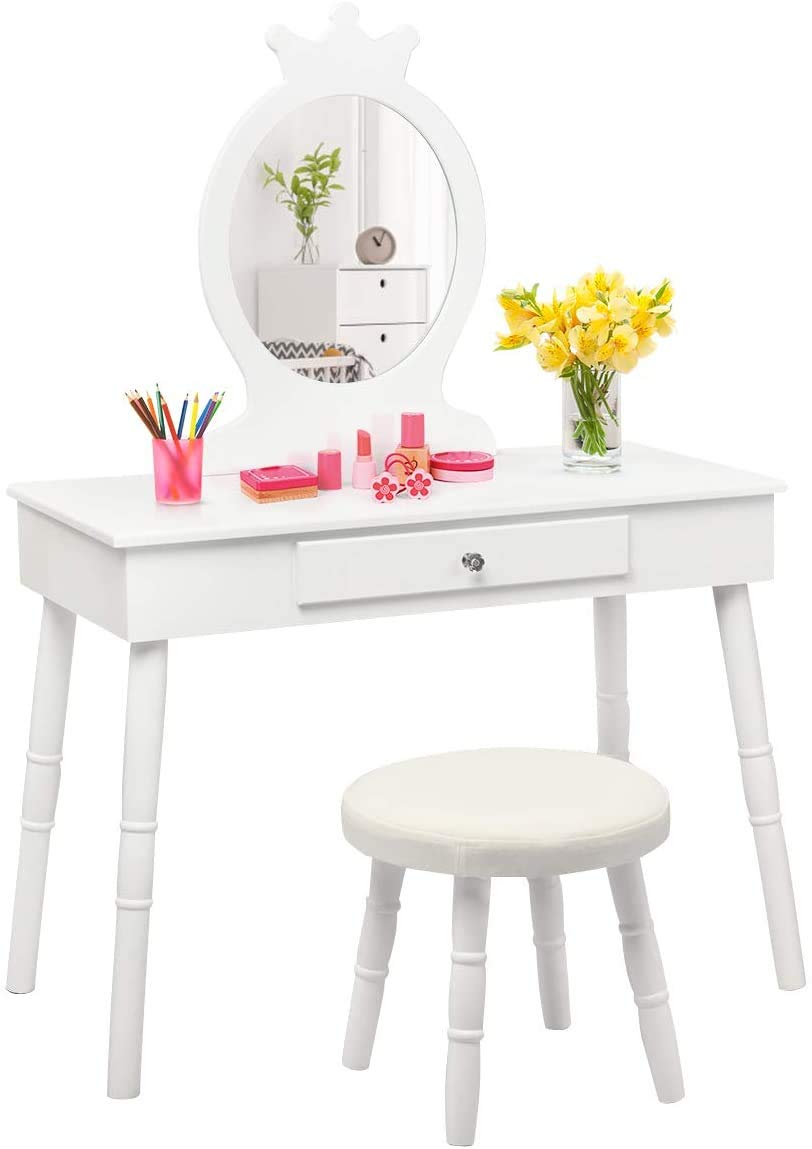 Costzon Kids Vanity Set, Wooden Princess Makeup Table with Cushioned S ...