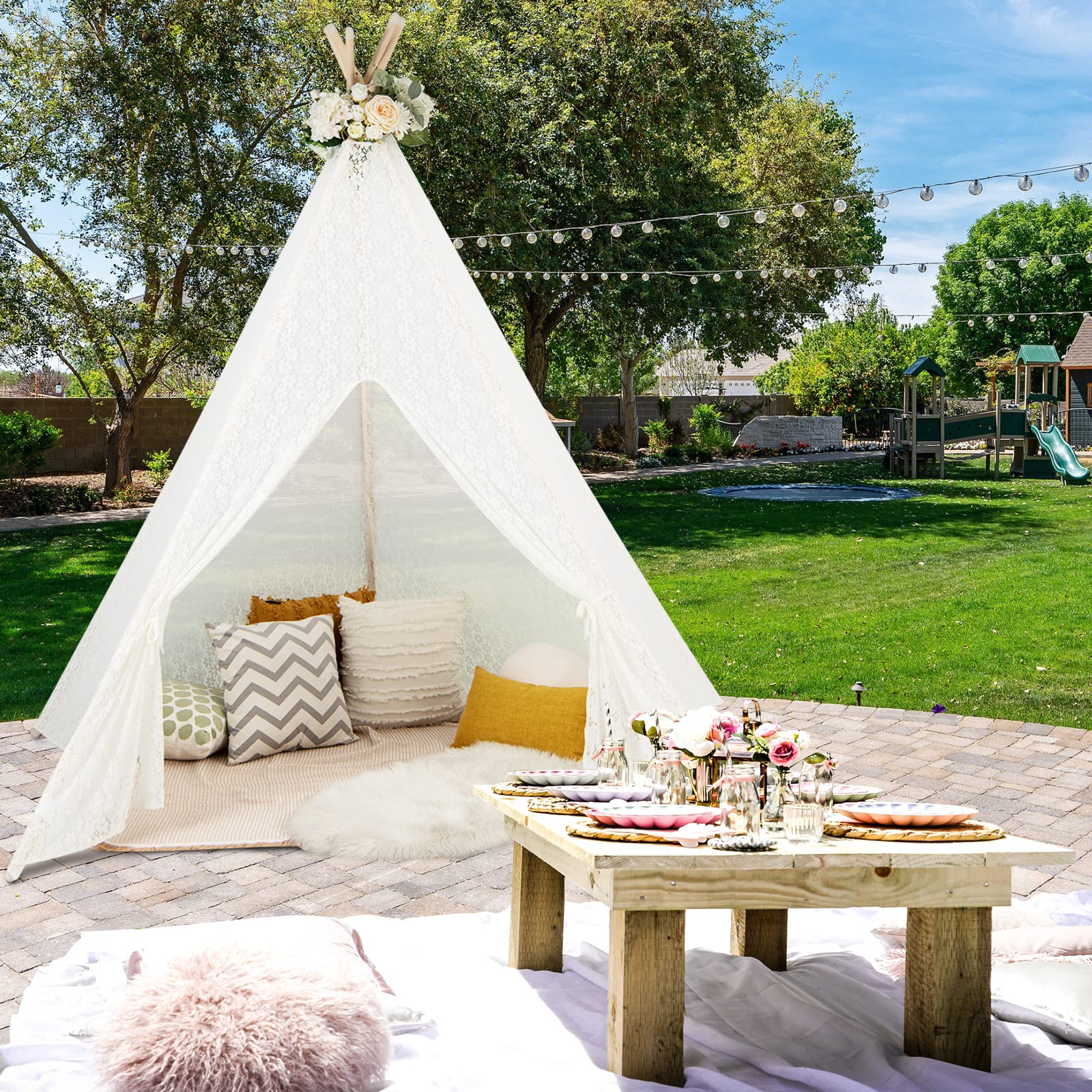 teepee tent adults Costzon Teepee Tent for Adults, 85" H Outdoor 5-Sided Large Sheer Lace – costzon