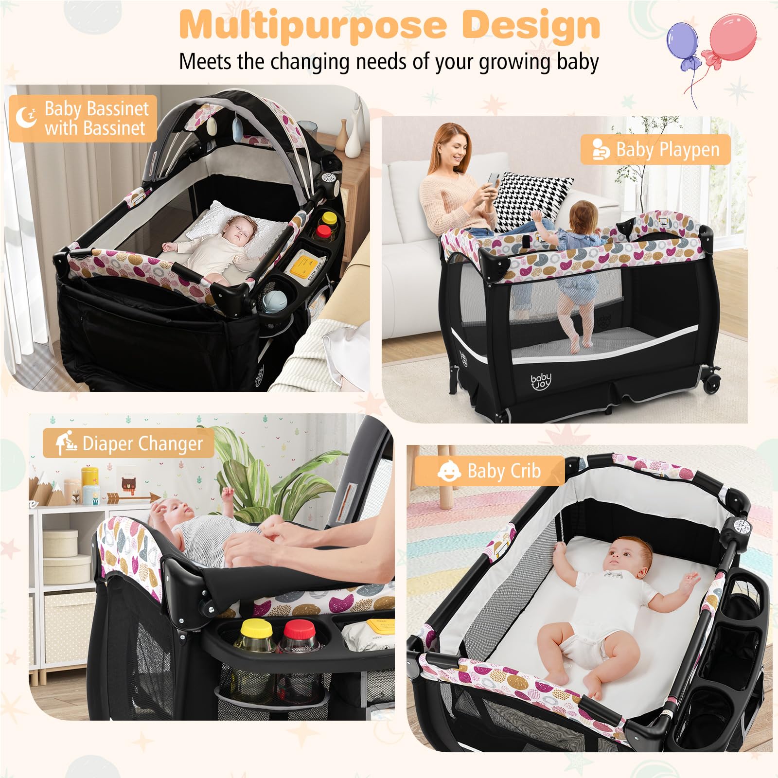 baby trend bassinet playpen BABY JOY 4 in 1 Pack and Play, Portable Baby Playard with Bassinet & F – costzon