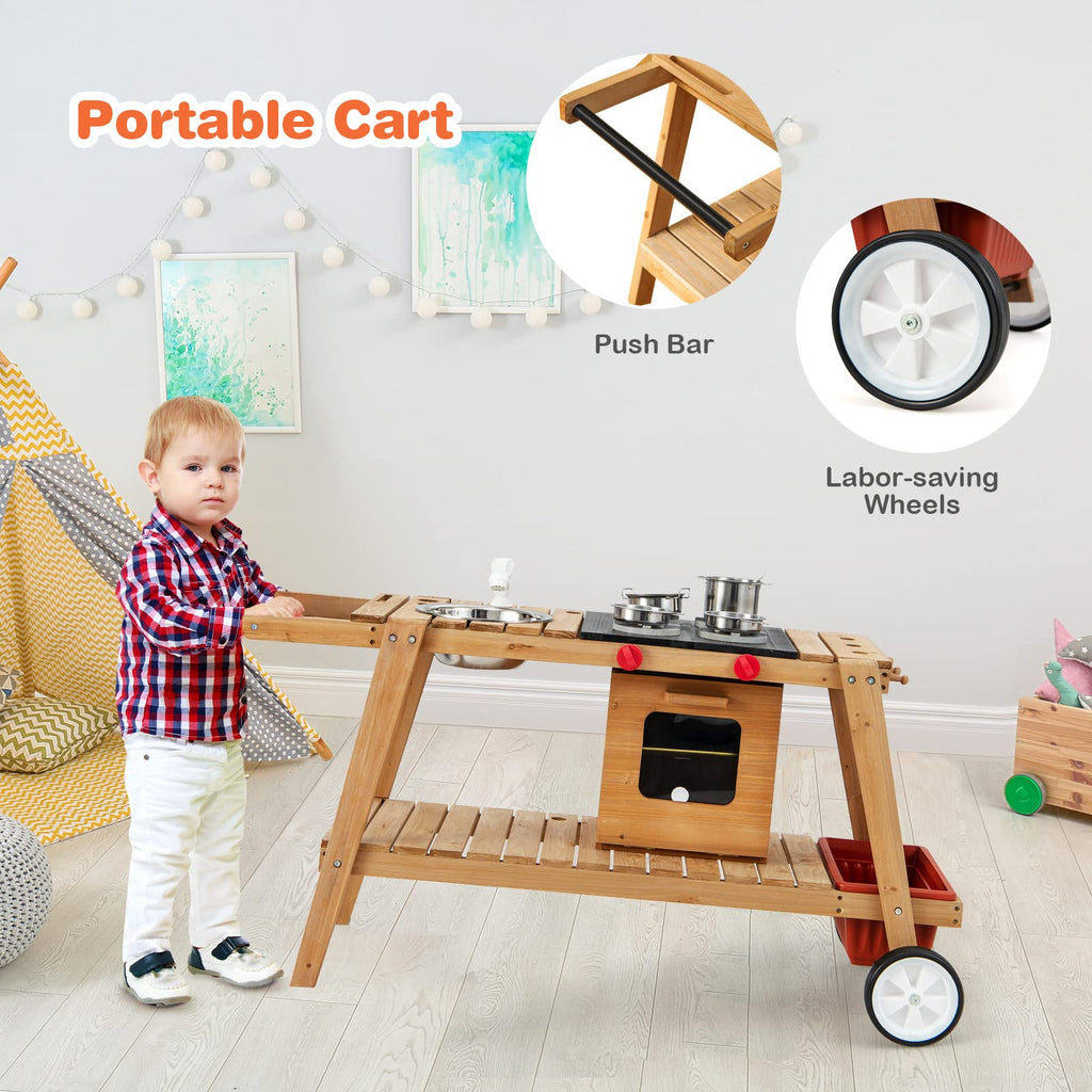 Indoor & Outdoor Wooden Pretend Cooking Cart  - Costzon