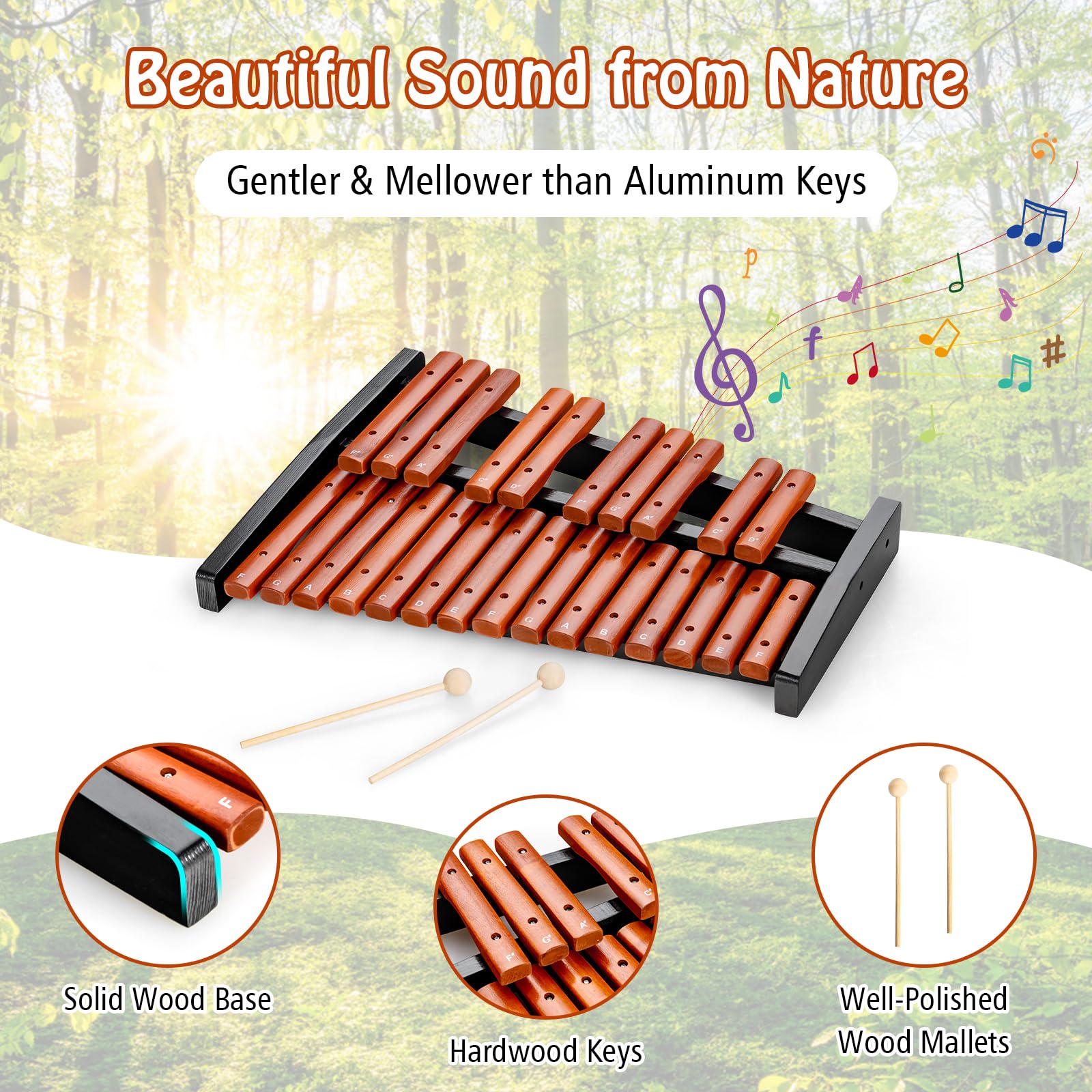 Mallets Notes Trable Costzon Portable 25-Note Xylophone, Wood Xylophone Kit with 2 Mallets ...