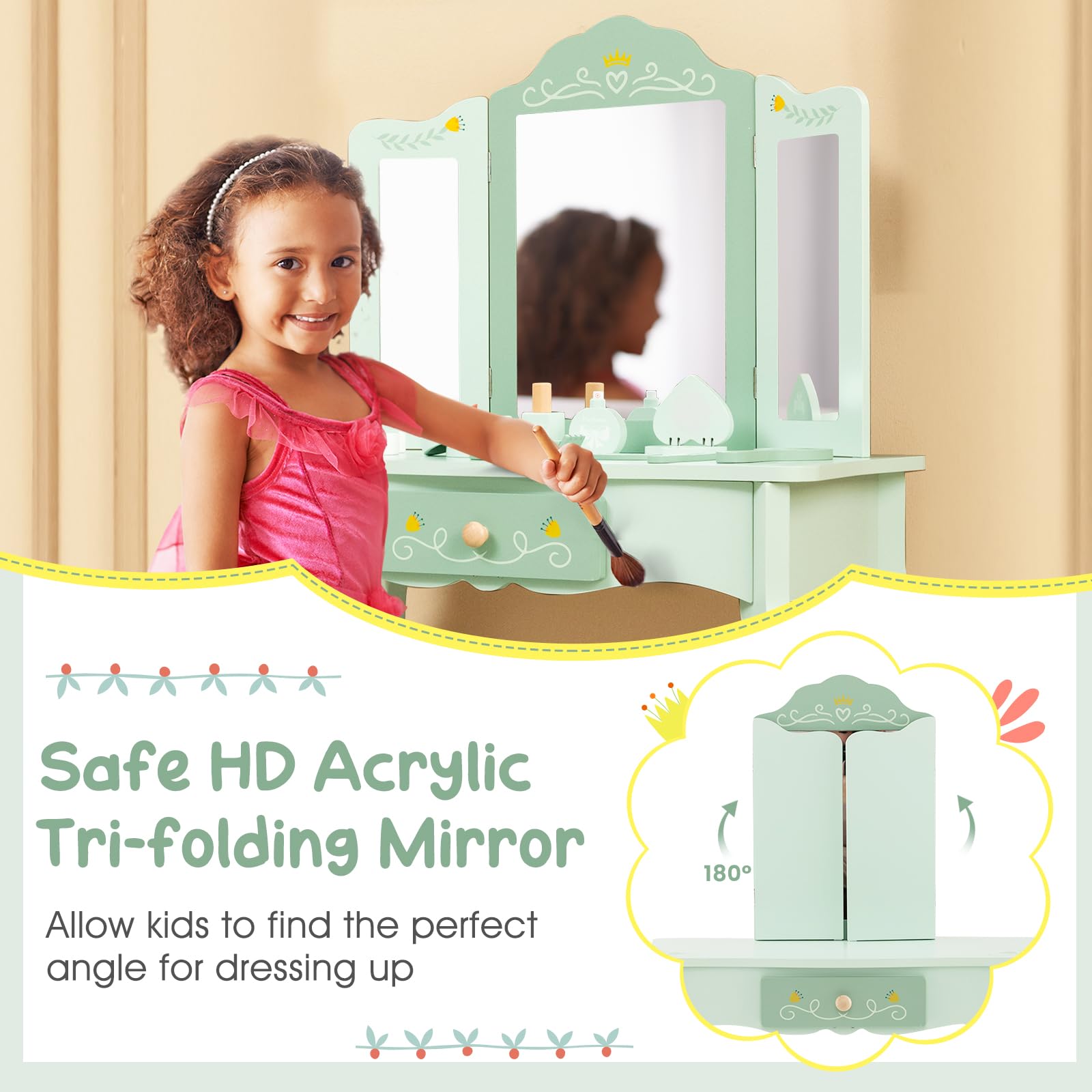 Kids Vanity Princess Makeup Dressing Table Chair Set with Tri-fold Mirror -  Costway