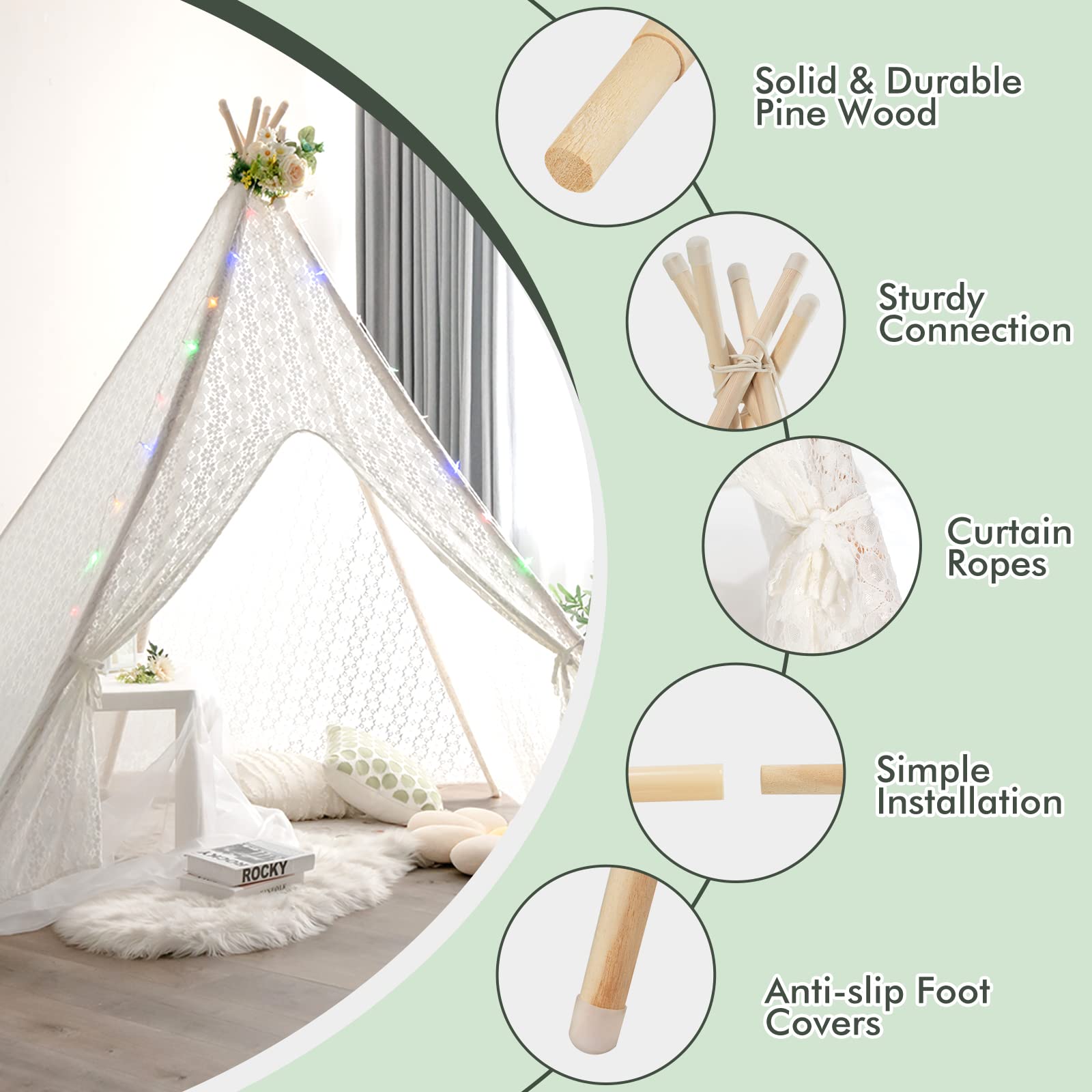 lace tent Costzon Teepee Tent for Adults, 85" H Outdoor 5-Sided Large Sheer Lace Tipi Tent