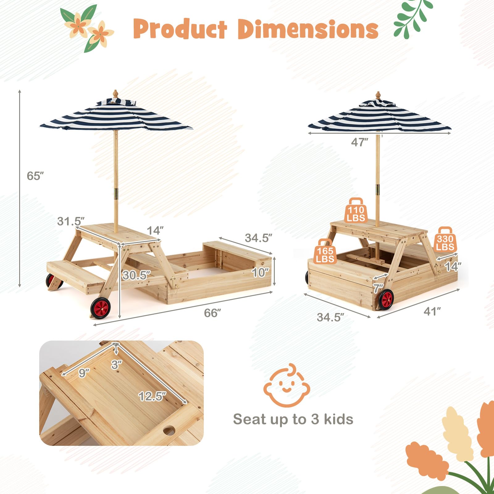 Costzon 3 in 1 Wooden Sandbox With Lid Foldable Picnic Sensory Table costzon-3-in-1-wooden-sandbox-with-lid-foldable-picnic-sensory-table