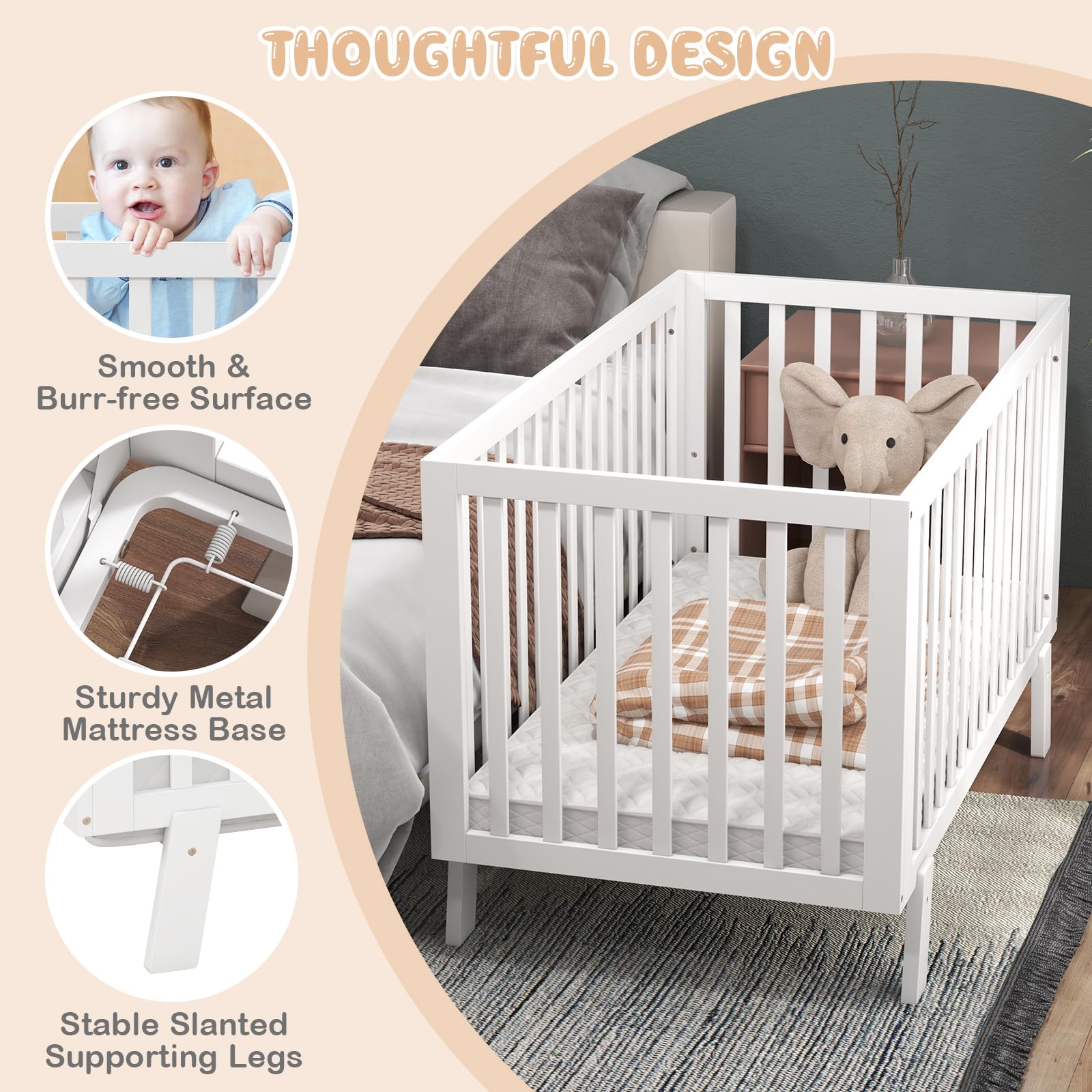 BABY JOY Wooden Baby Crib, Rubber Wood Mini Crib w/ 3-Height