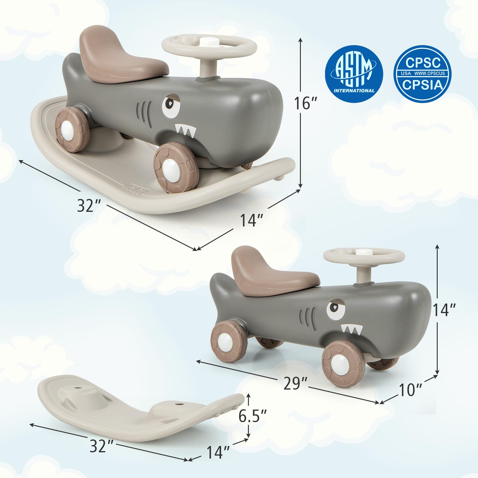 BABY JOY 3 in 1 Rocking Horse, Ride On Push Car for Toddlers, Shark Ro ...