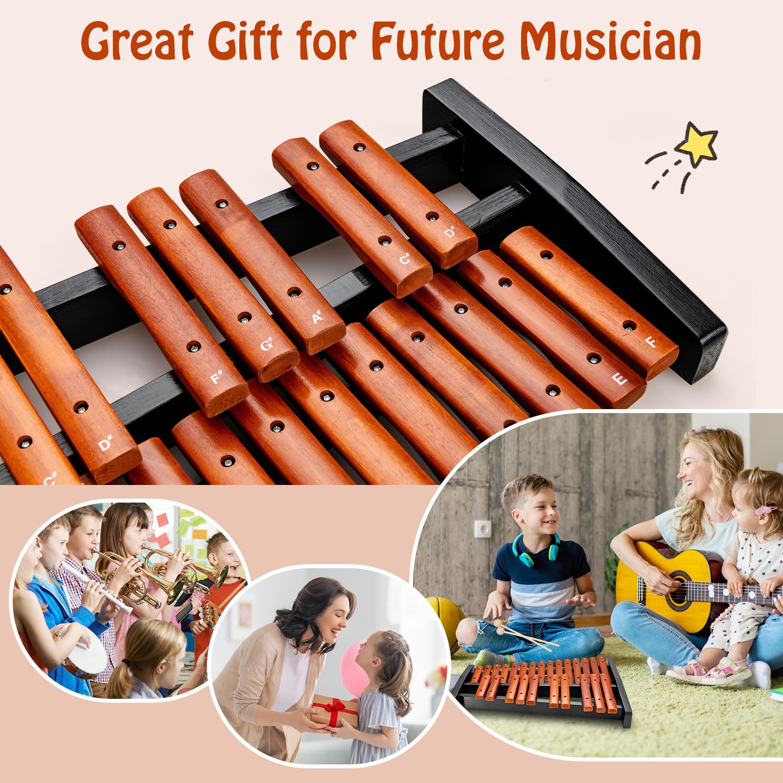 Mallets Notes Trable Costzon Portable 25-Note Xylophone, Wood Xylophone Kit with 2 Mallets ...